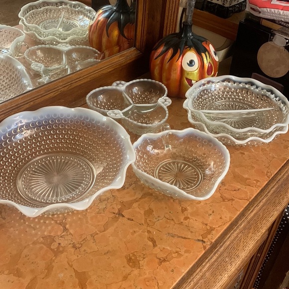 Vintage Anchor Hocking Moonstone Clear Opalescent Hobnail Glassware 5 Serving pc - Picture 1 of 8